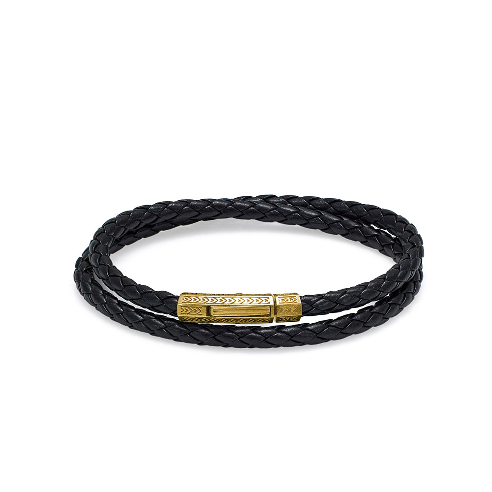 Black Double Leather Bracelet in Gold