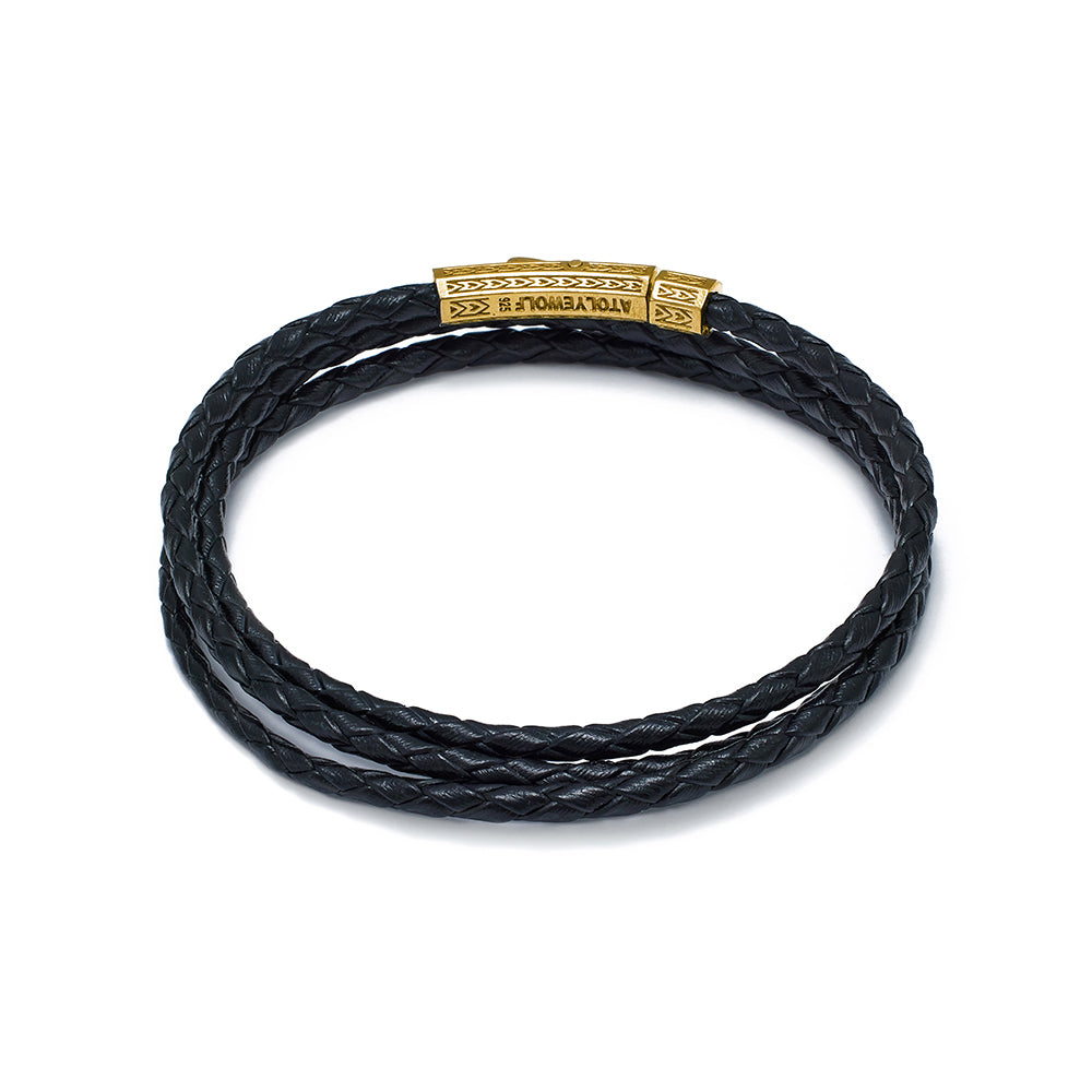 Black Triple Leather Bracelet in Gold