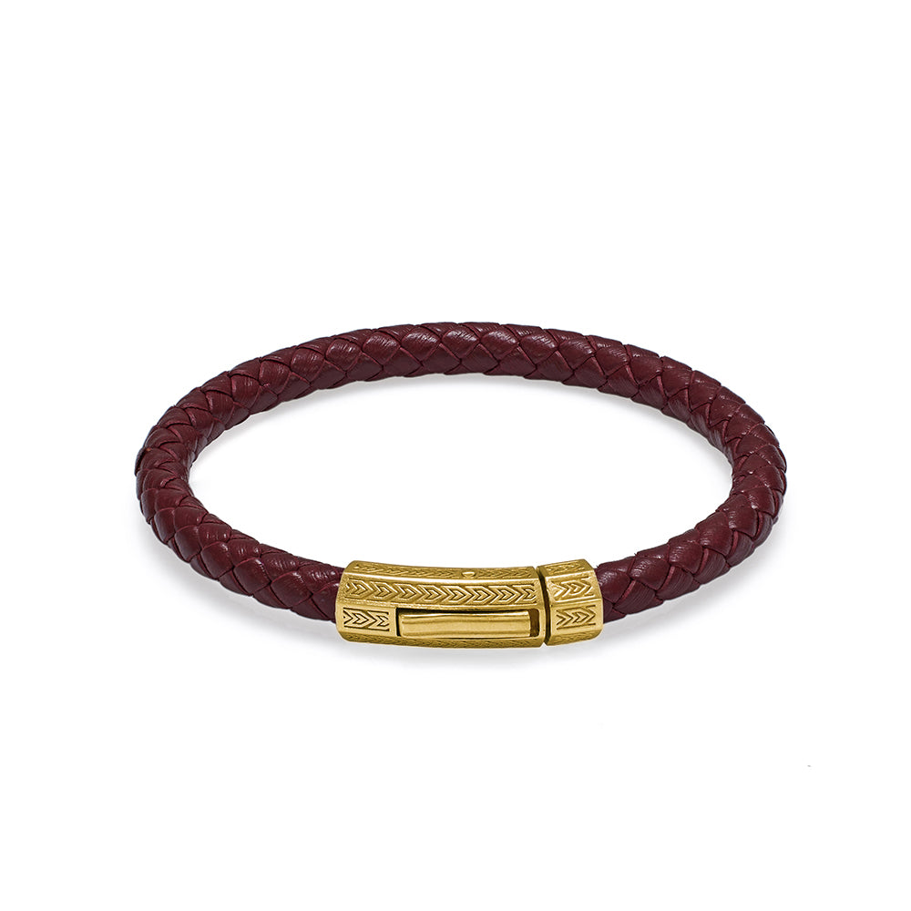 Claret Red Thick Leather Bracelet in Gold