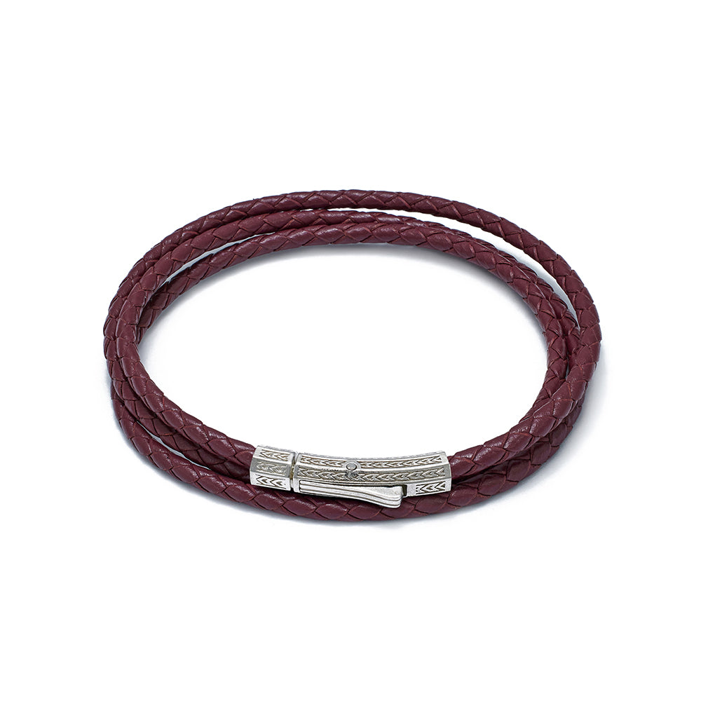 Claret Red Triple Leather Bracelet in Silver