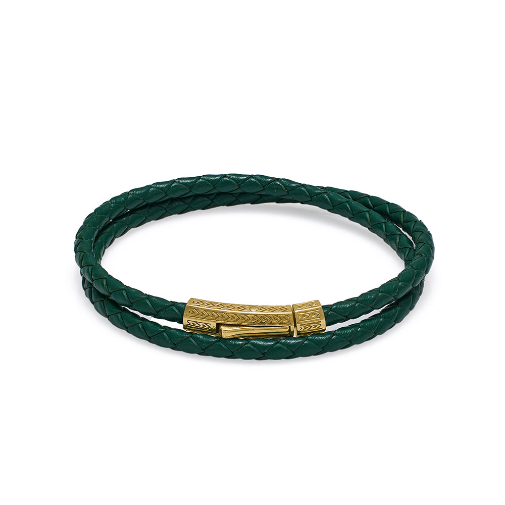 Green Double Leather Bracelet in Gold