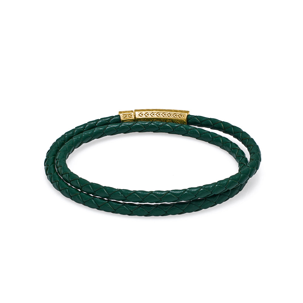 Green Double Leather Bracelet in Gold