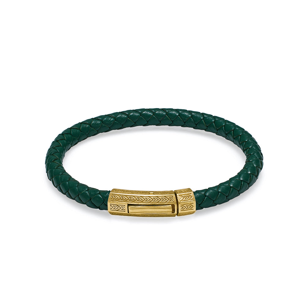 Green Thick Leather Bracelet in Gold