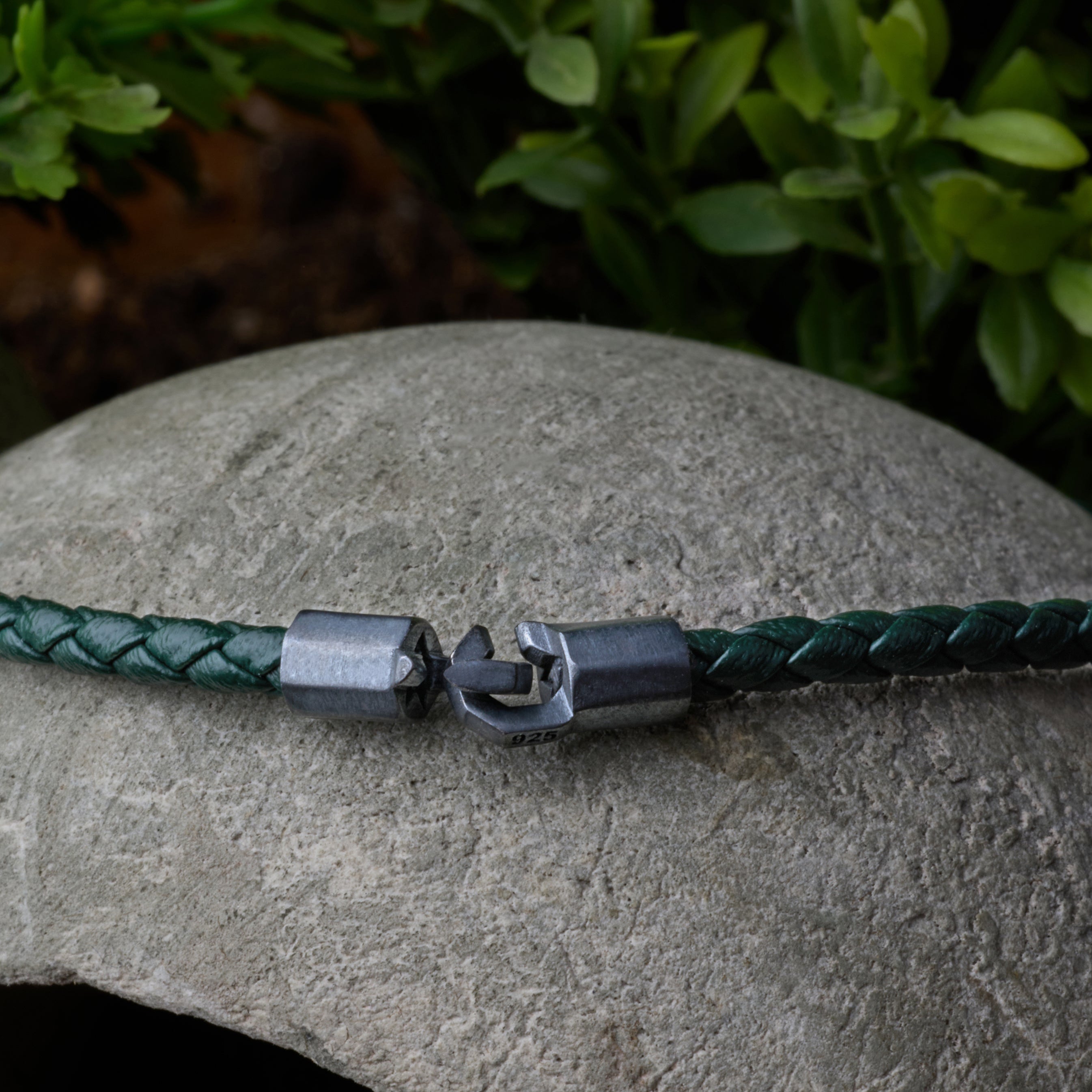 Green Leather Octagonal Hook Bracelet in Oxide