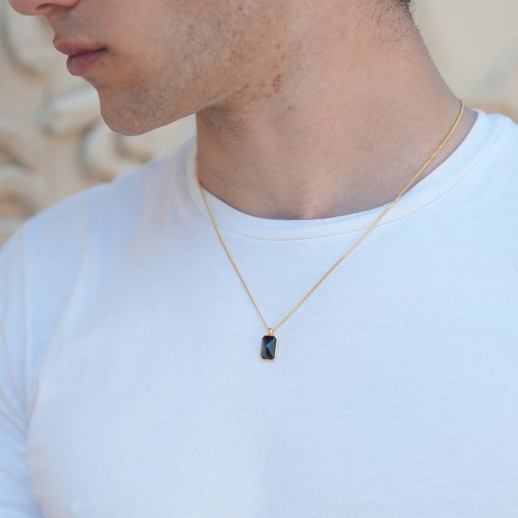 Black Baguette Necklace in Gold
