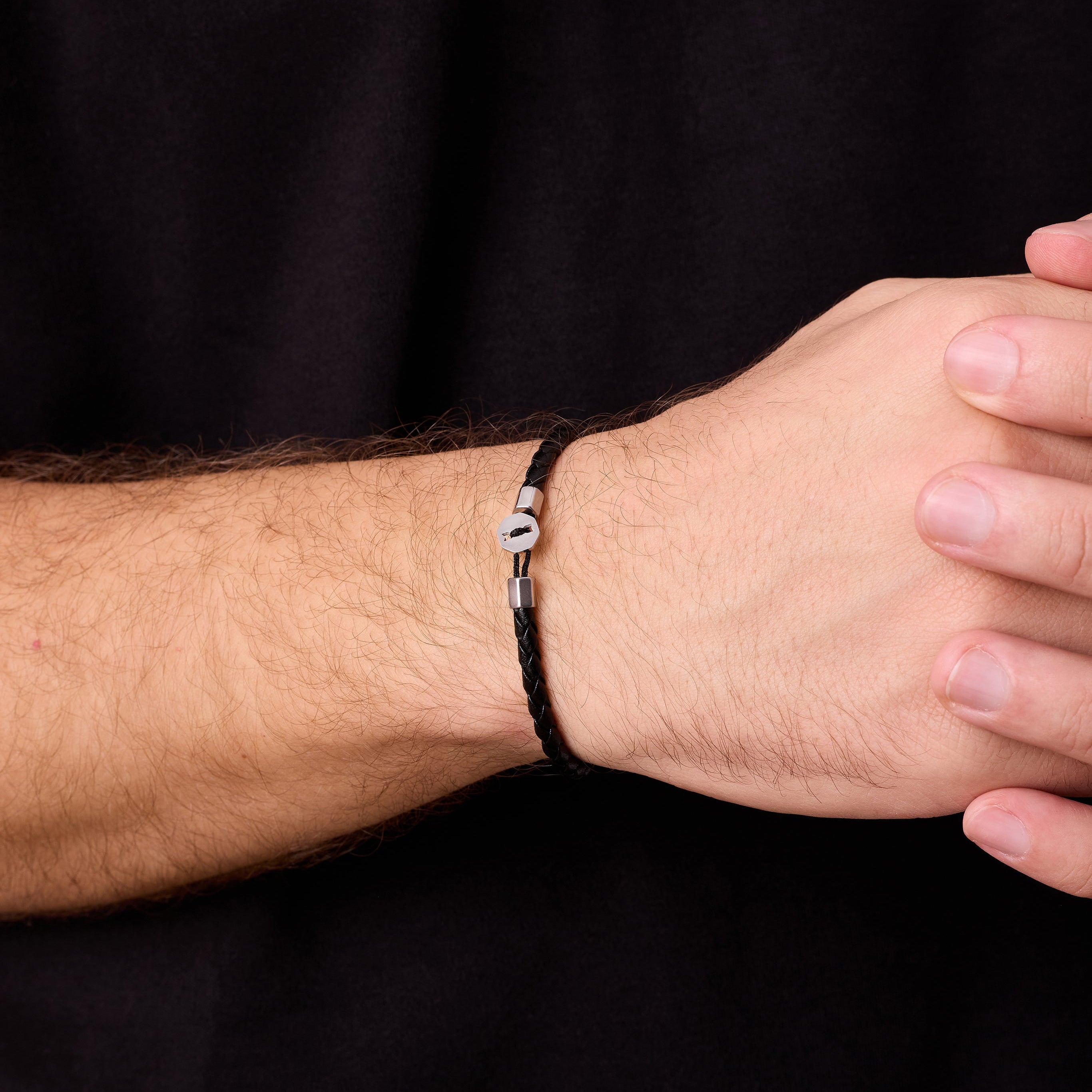 Black Leather Bracelet in Silver