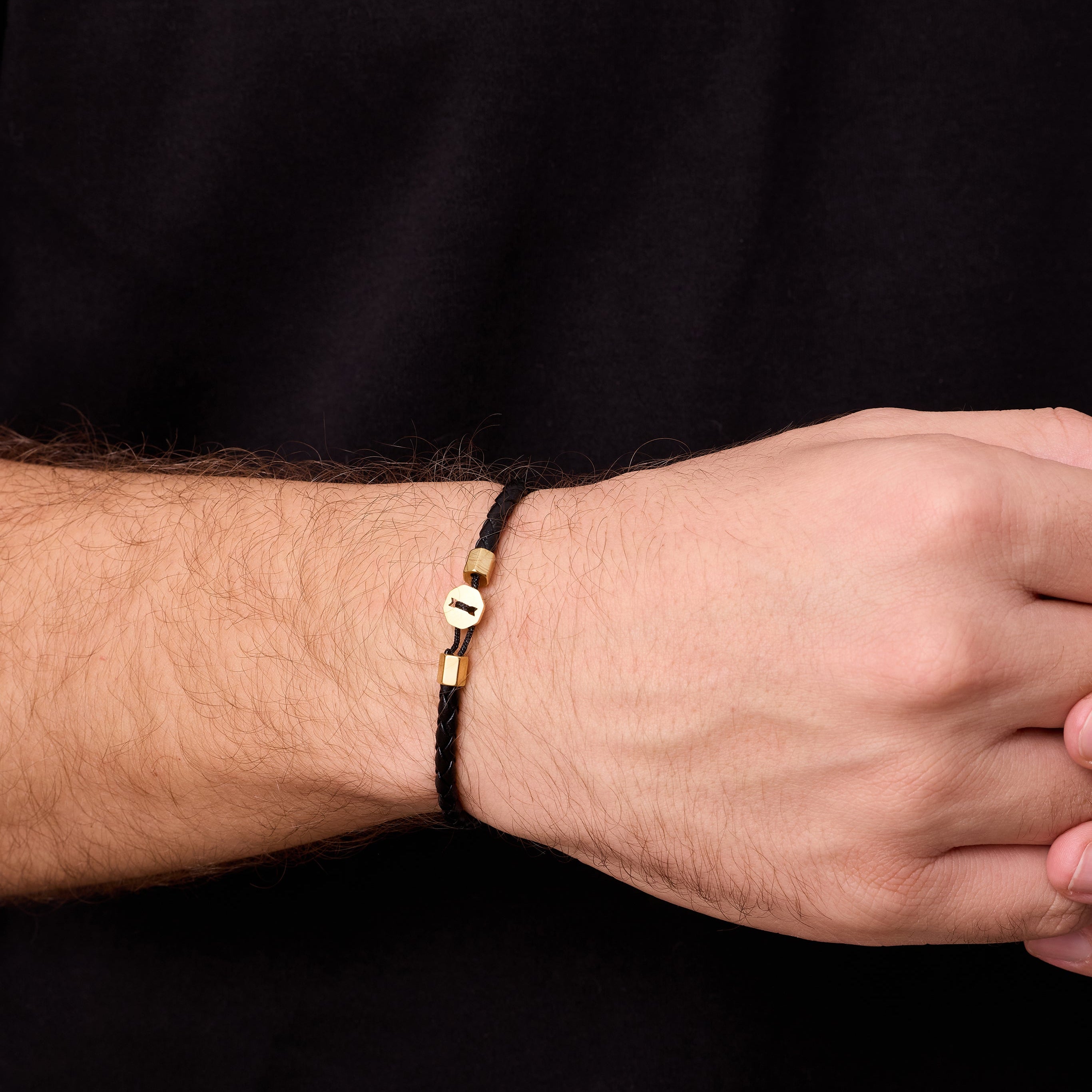 Black Leather Bracelet in Gold