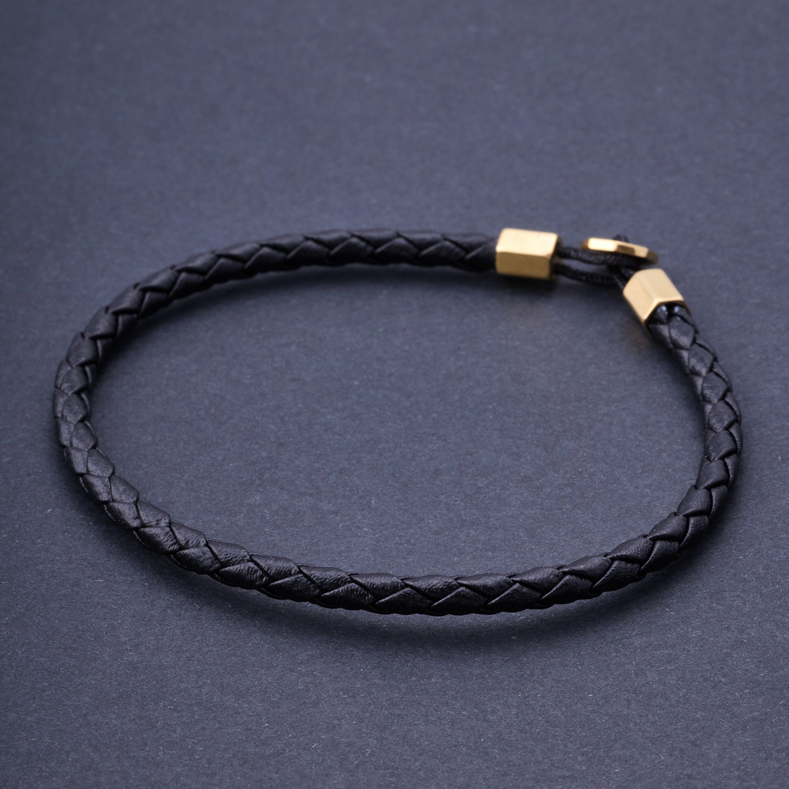 Black Leather Bracelet in Gold
