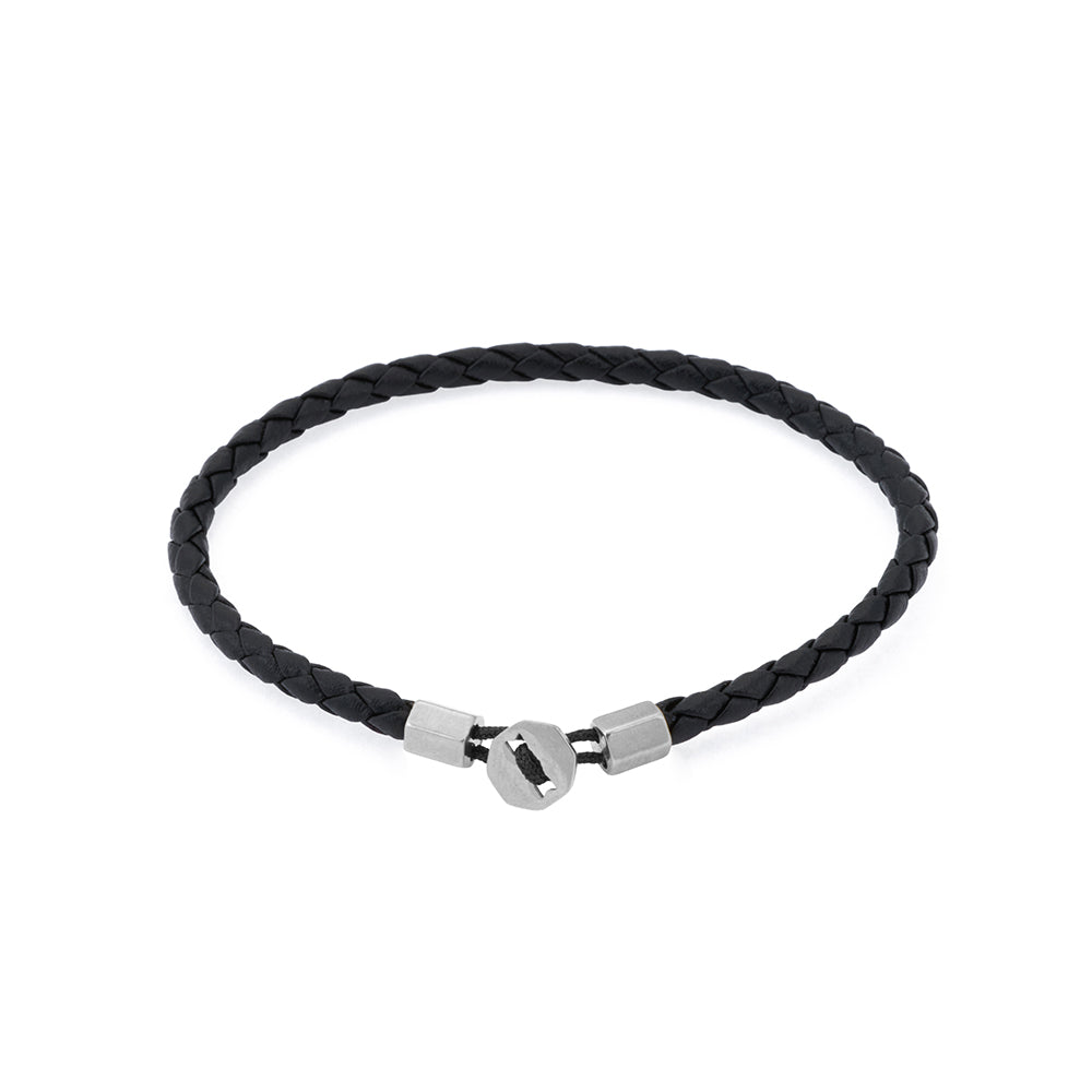 Black Leather Bracelet in Silver