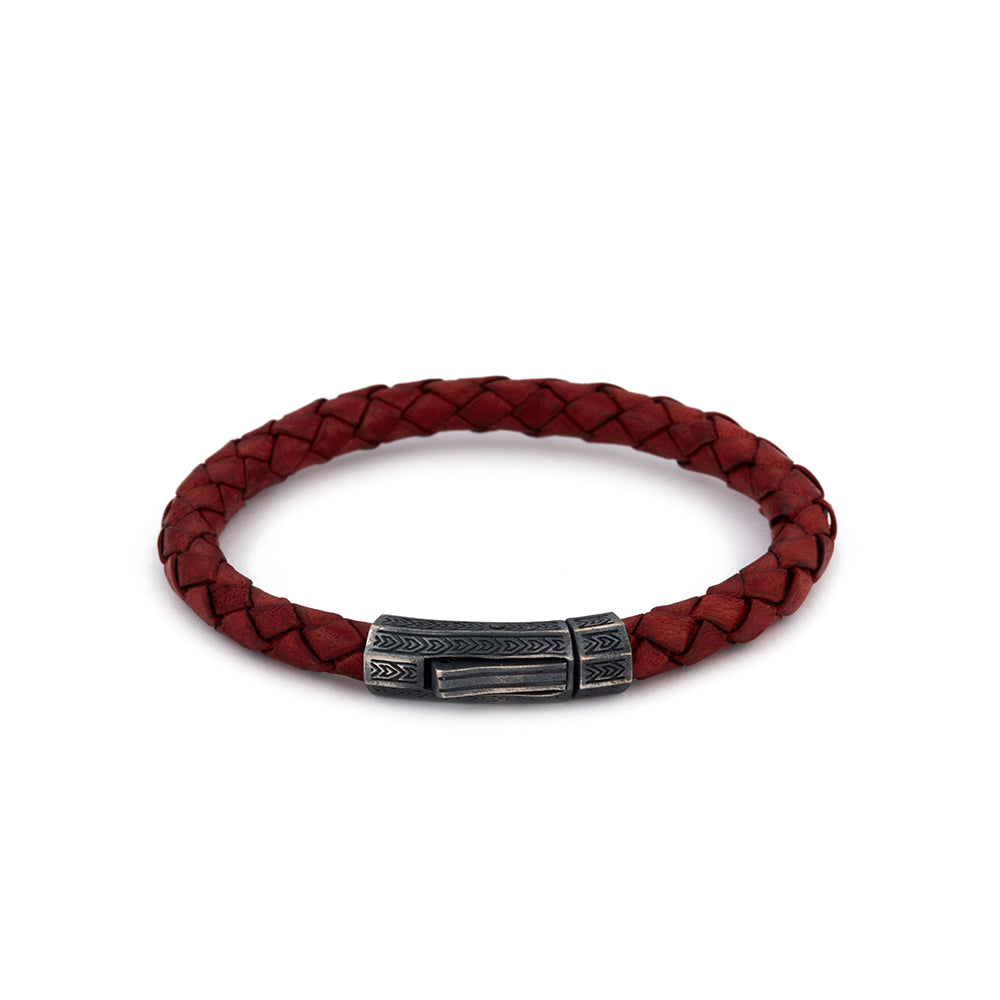 Claret Red Thick Leather Bracelet in Oxide