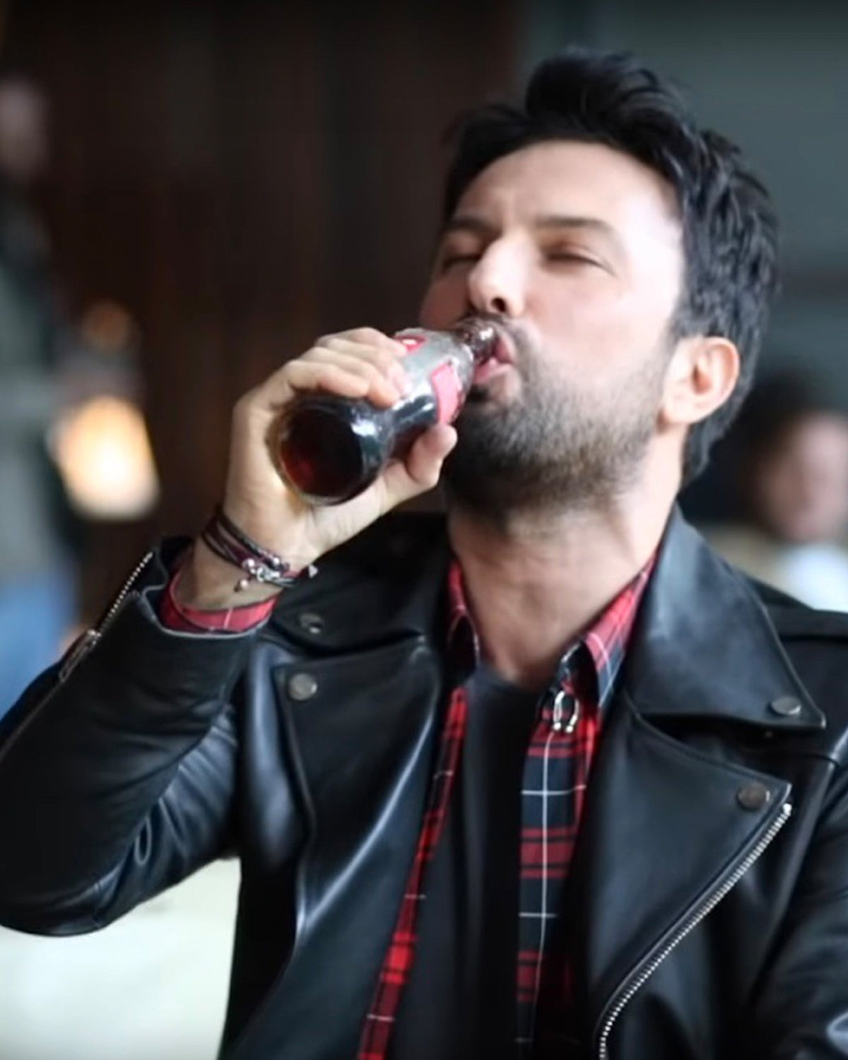 Singer Tarkan wear Black Double Leather Bracelet in Silver