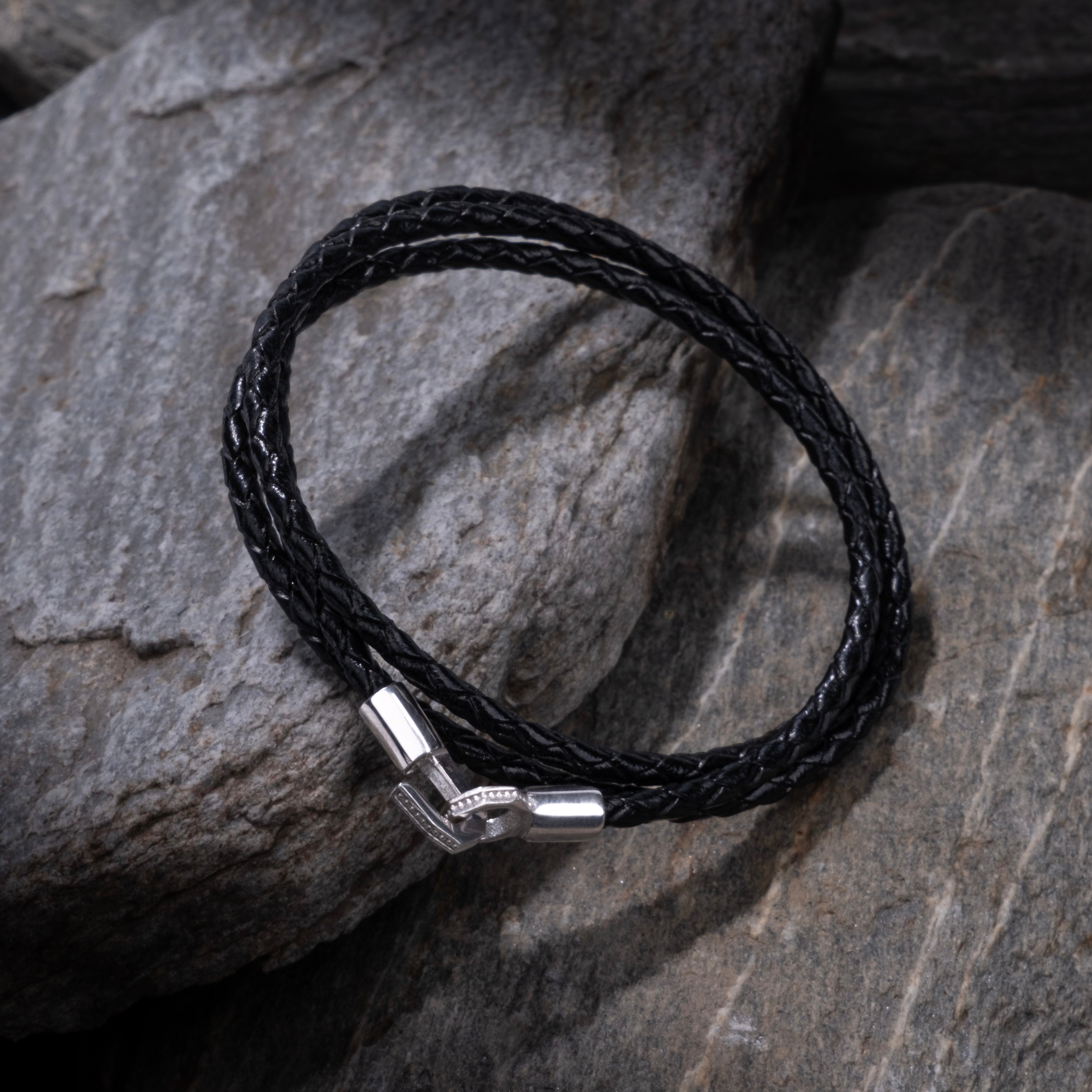 Black Triple Leather Bracelet in Silver