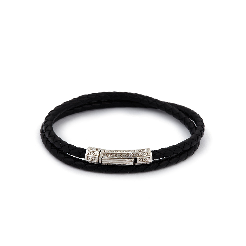 Black Double Leather Bracelet in Silver