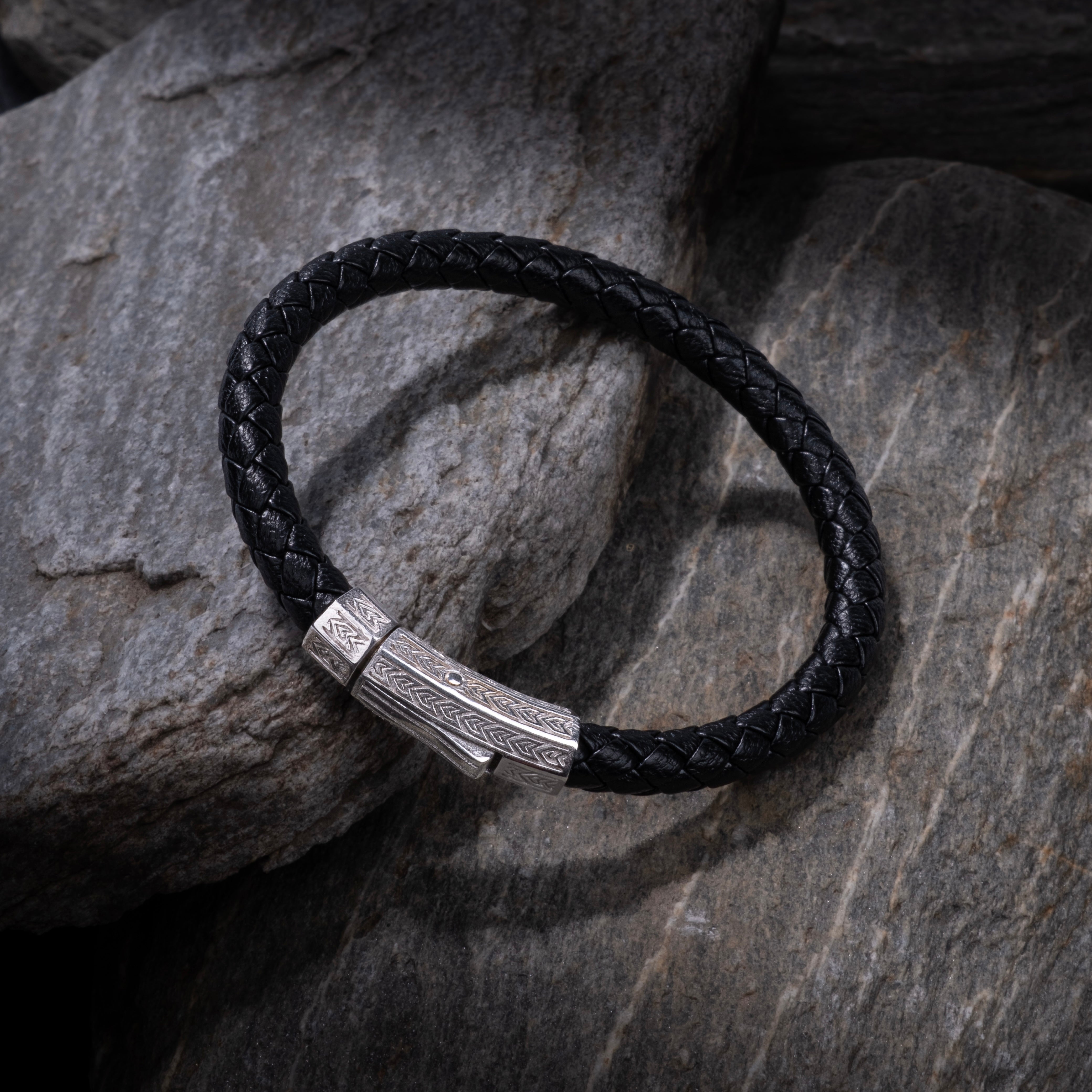 Black Thick Leather Bracelet in Silver