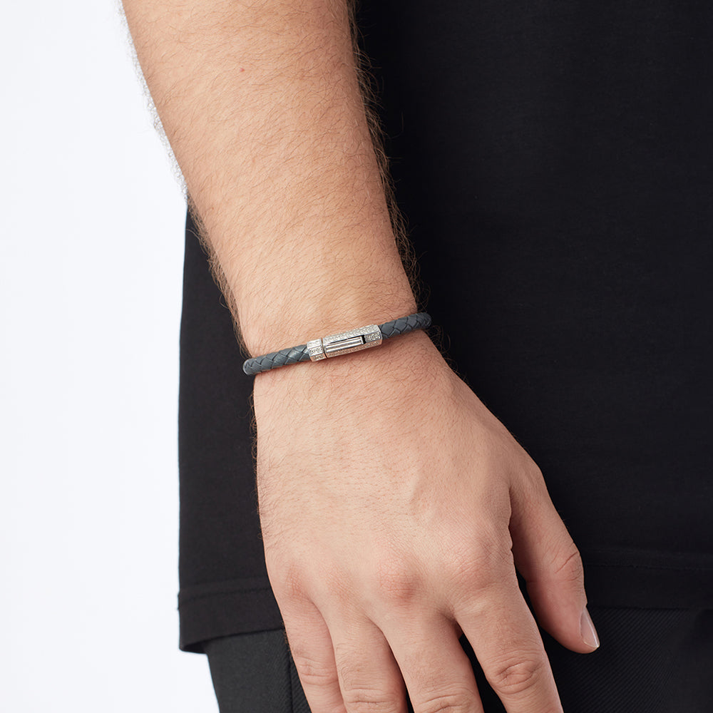 Grey Thick Leather Bracelet in Silver