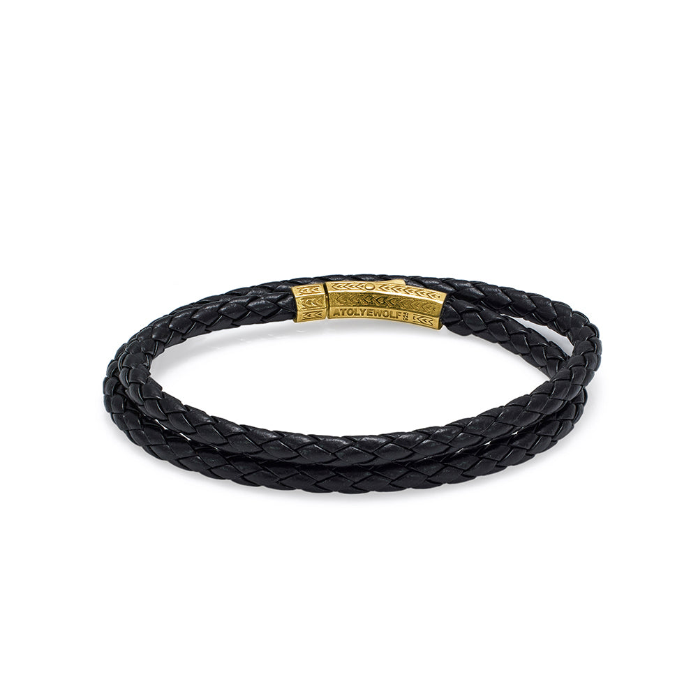 Black Double Leather Bracelet in Gold