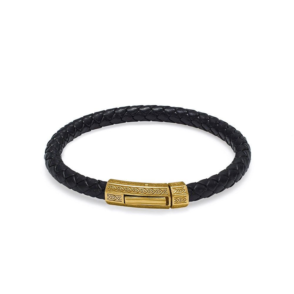 Black Thick Leather Bracelet in Gold