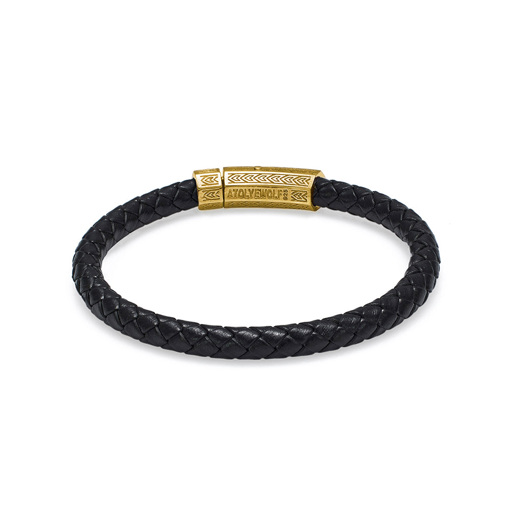 Black Thick Leather Bracelet in Gold