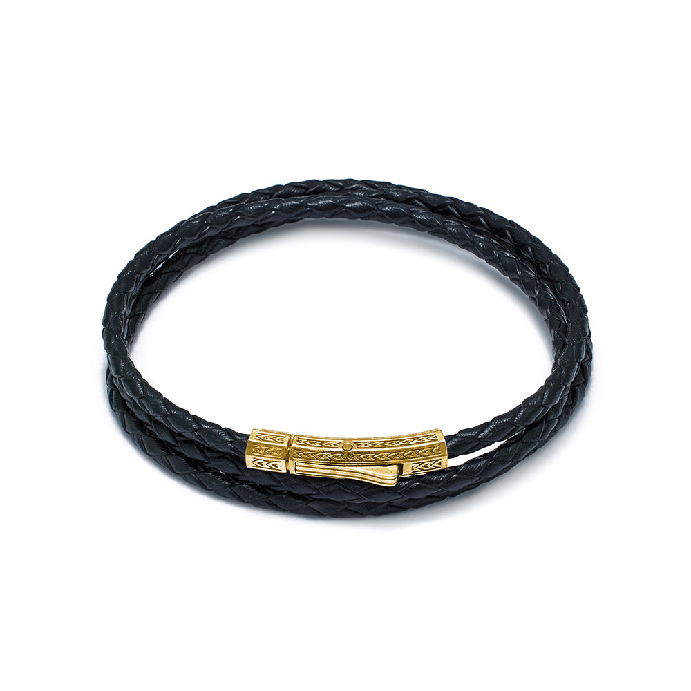 Black Triple Leather Bracelet in Gold