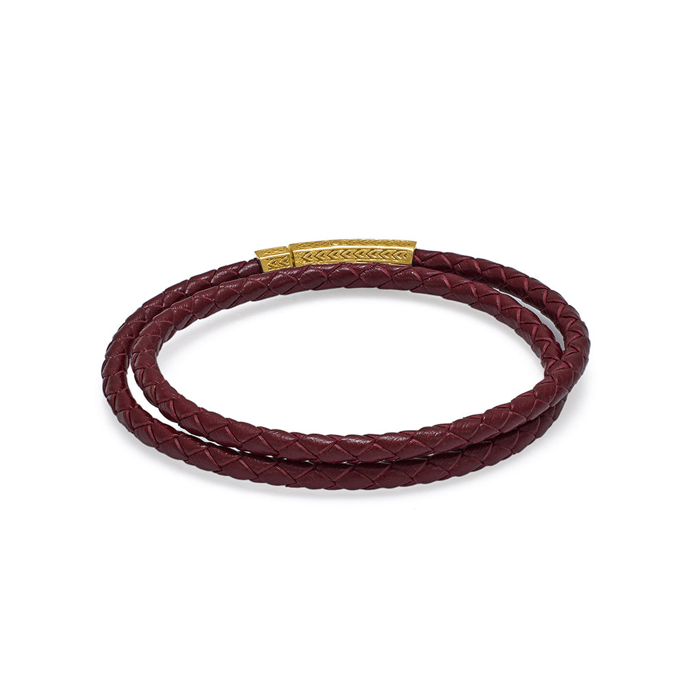 Claret Red Double Leather Bracelet in Gold