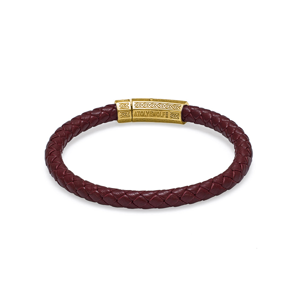 Claret Red Thick Leather Bracelet in Gold