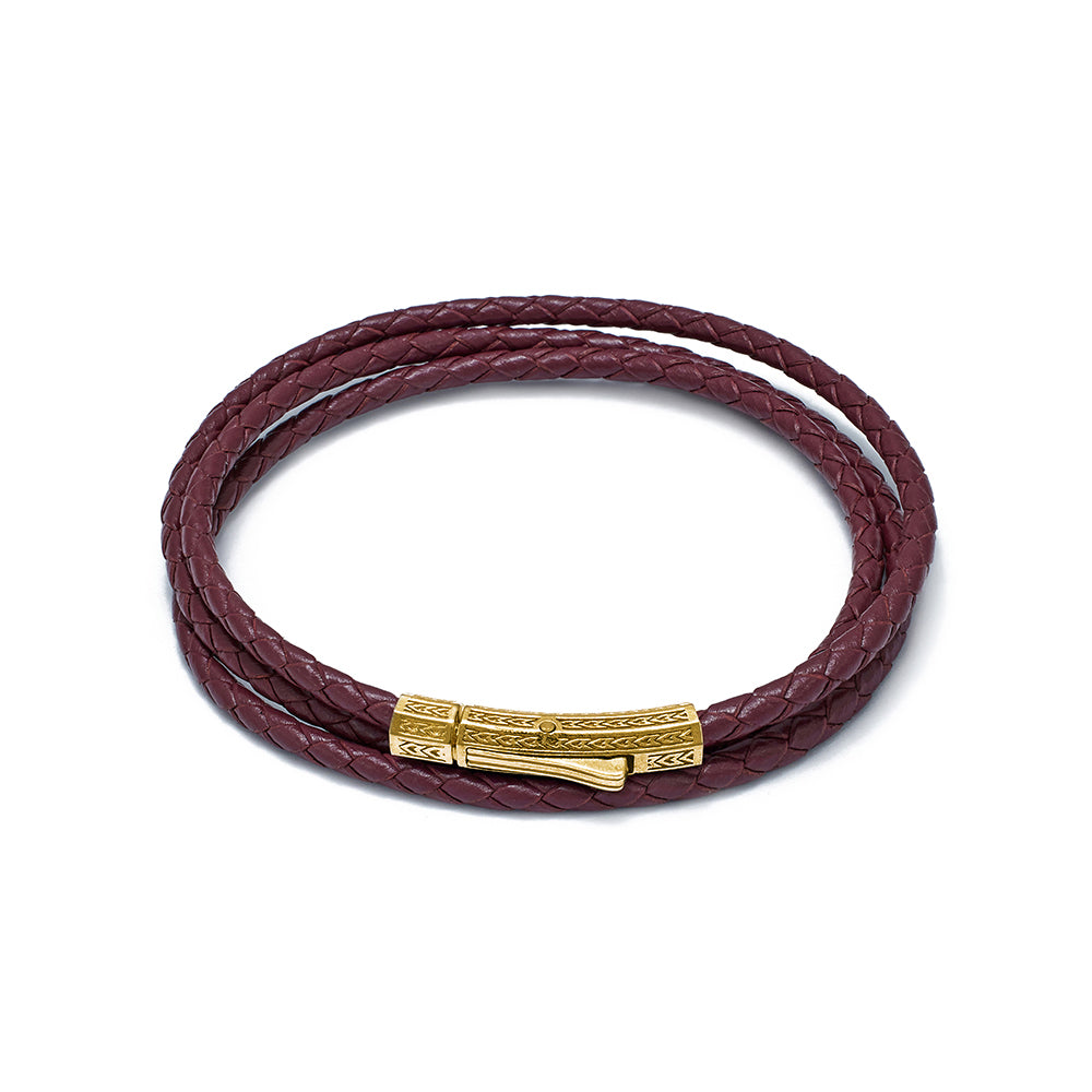 Claret Red Triple Leather Bracelet in Gold