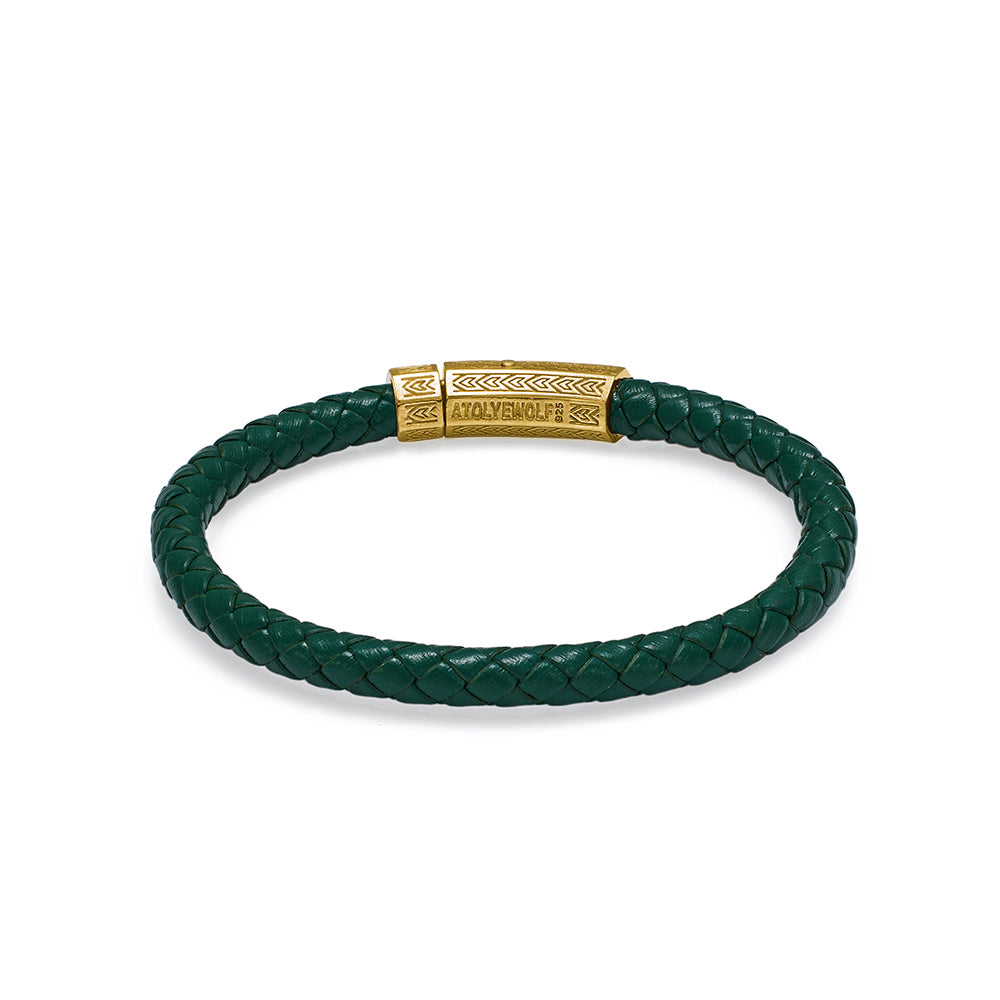 Green Thick Leather Bracelet in Gold