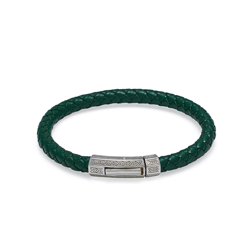 Green Thick Leather Bracelet in Silver