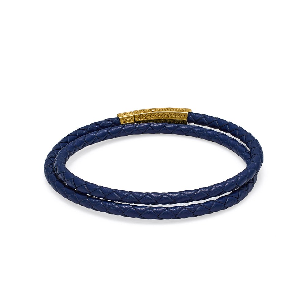 Navy Blue Double Leather Bracelet in Gold