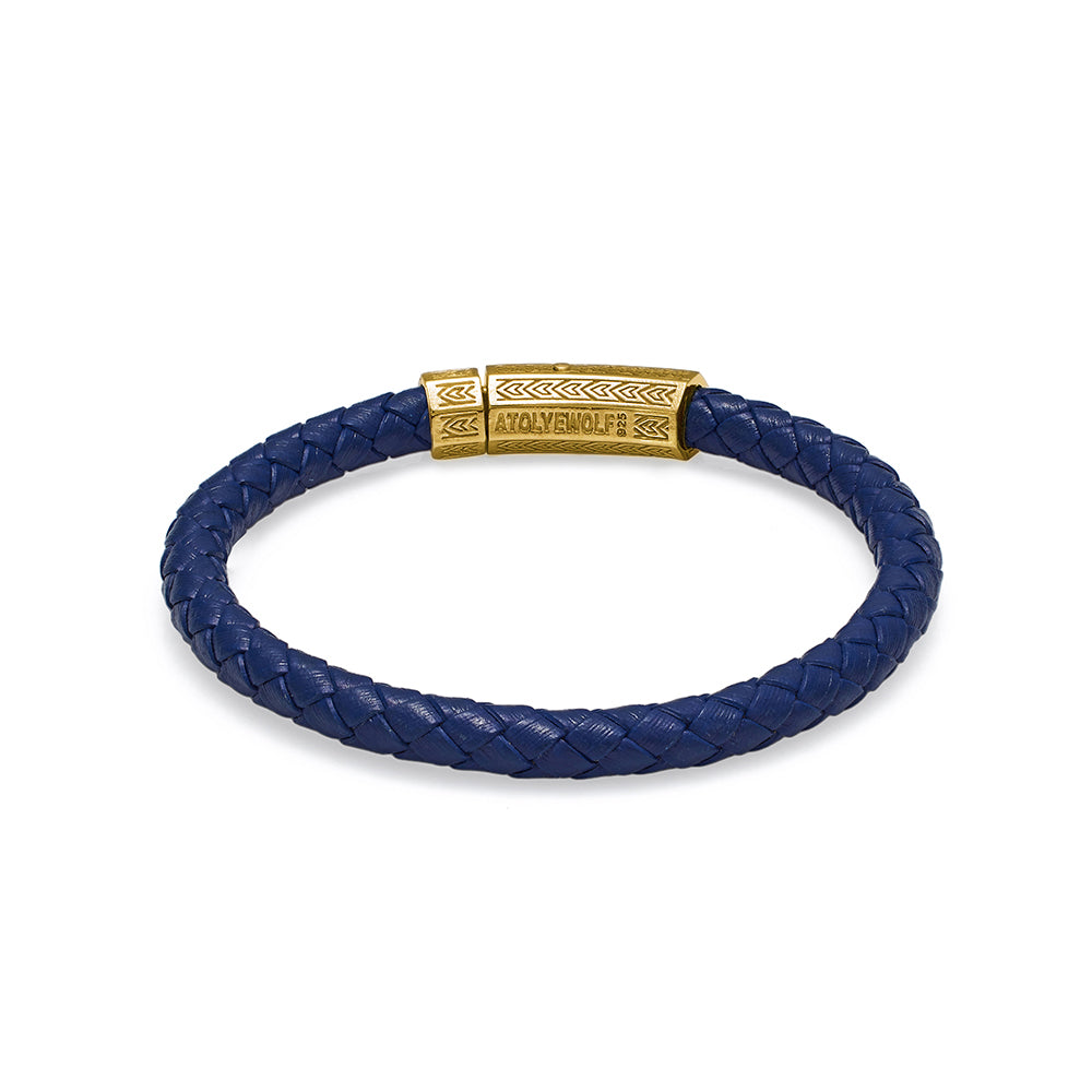 Navy Blue Thick Leather Bracelet in Gold