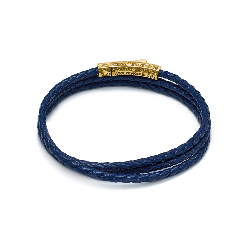 Navy Blue Triple Leather Bracelet in Gold