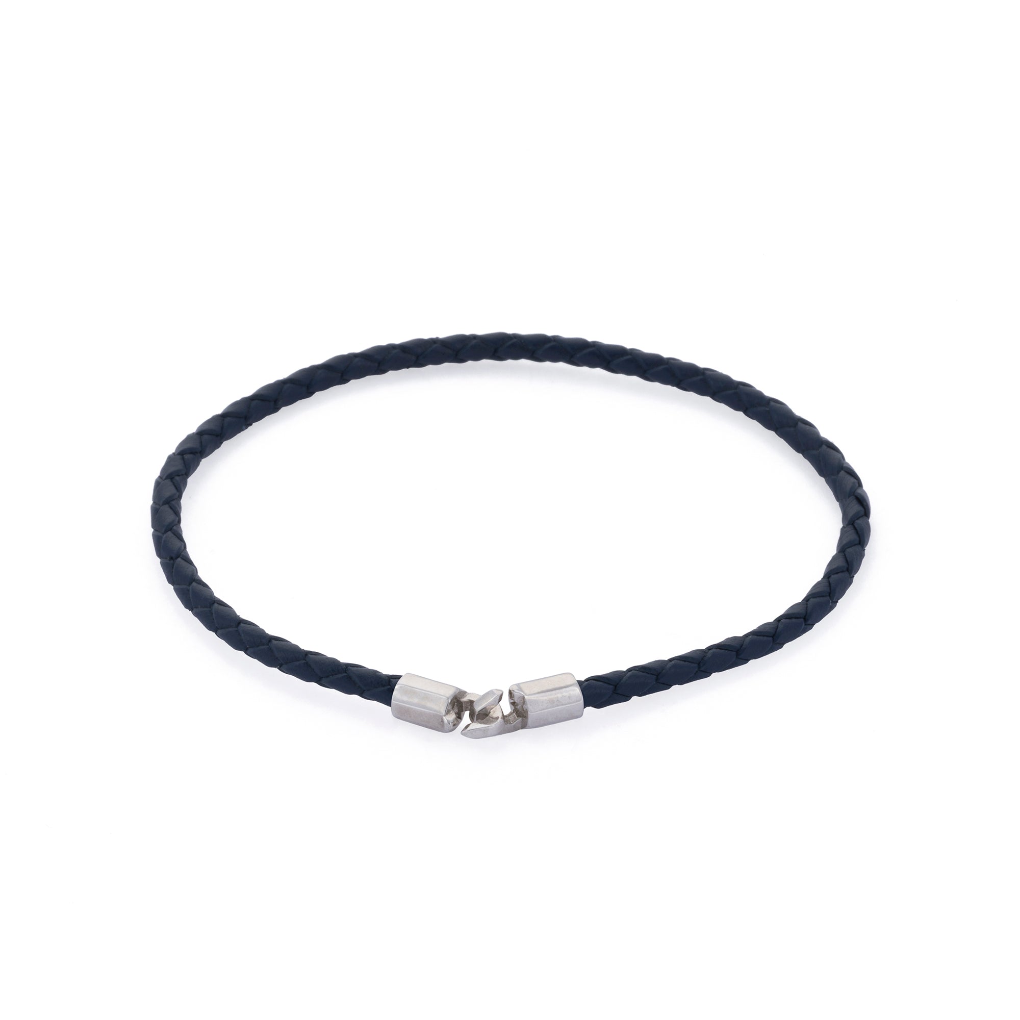 Navy Blue Leather Octagonal Hook Bracelet in Silver