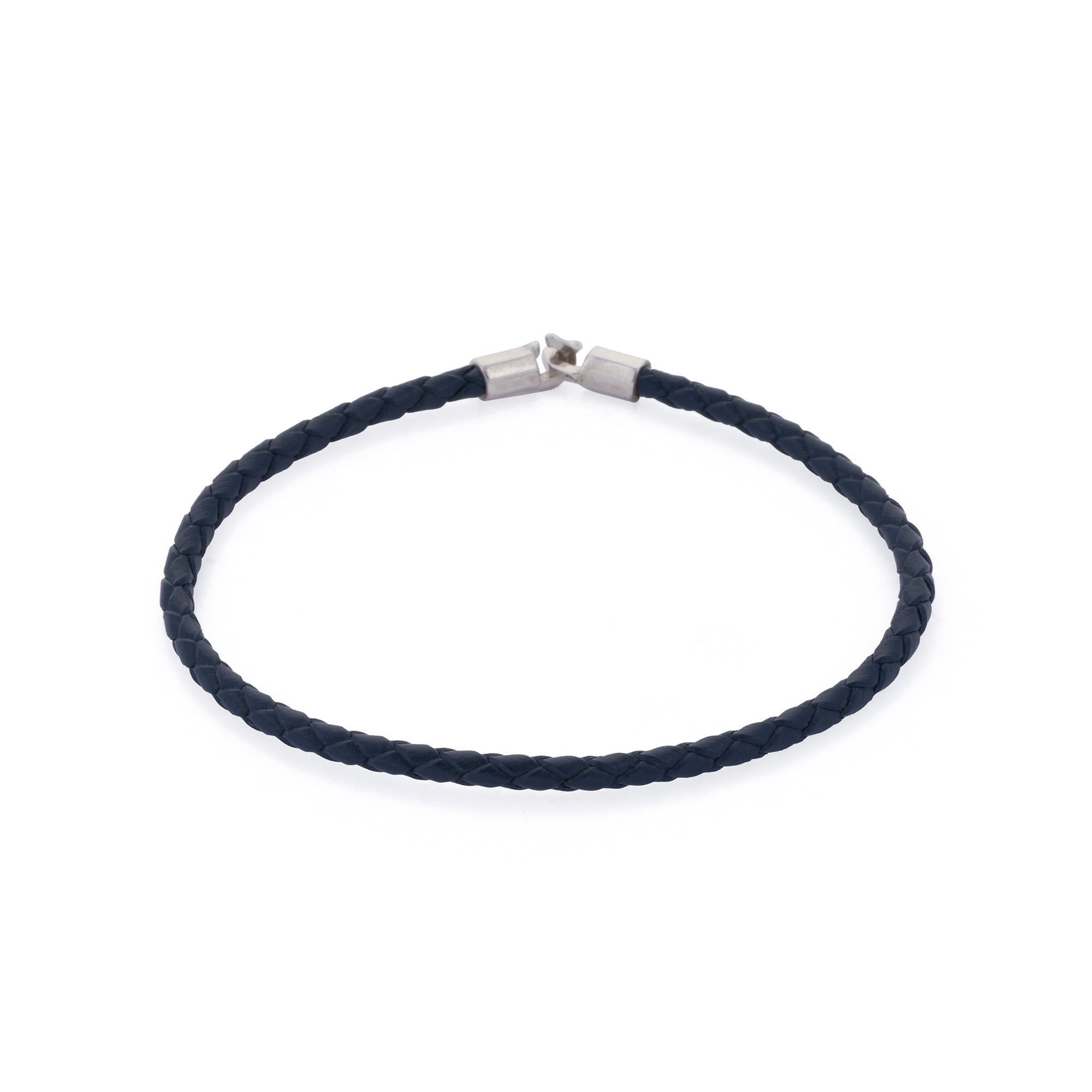 Navy Blue Leather Octagonal Hook Bracelet in Silver