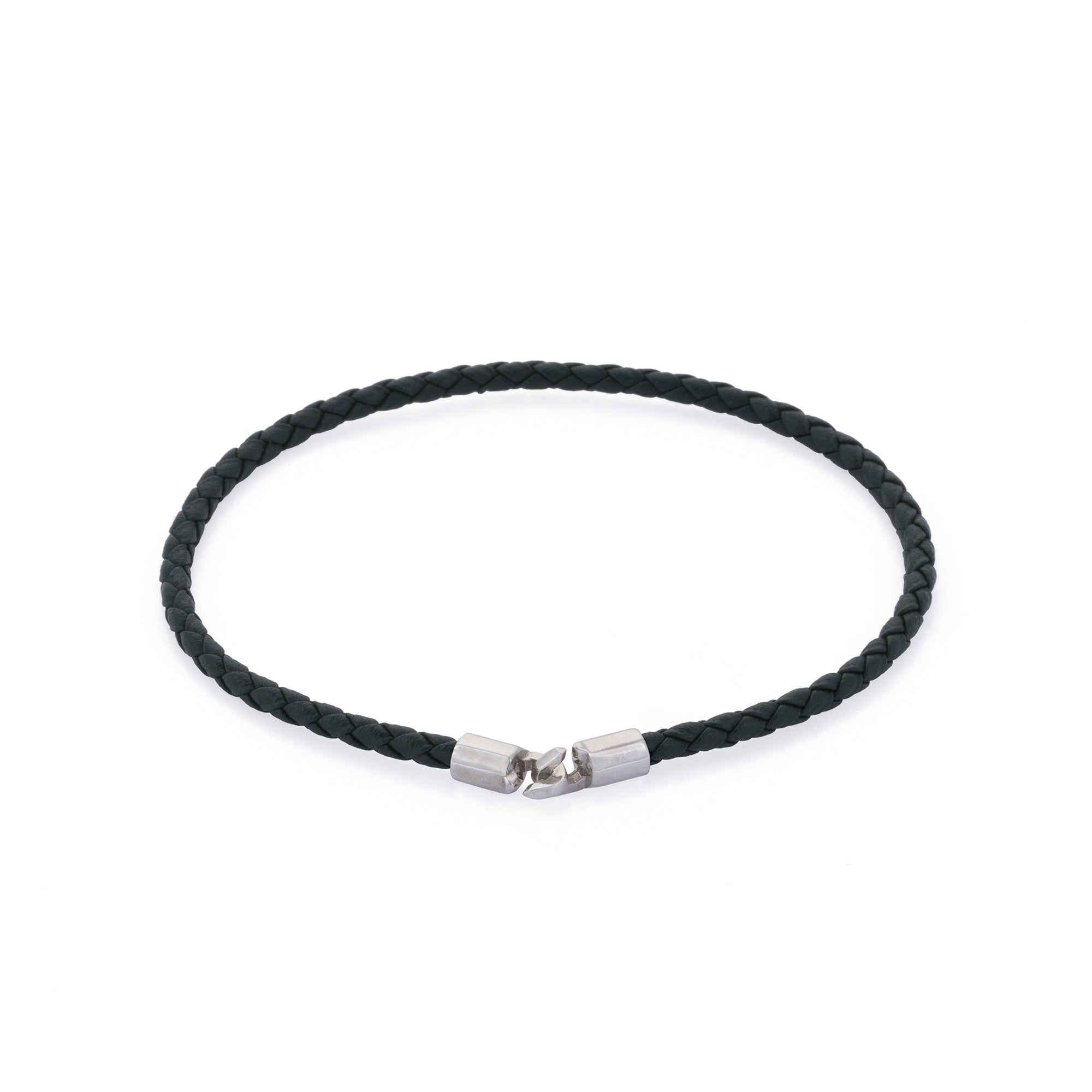Green Leather Octagonal Hook Bracelet in Silver