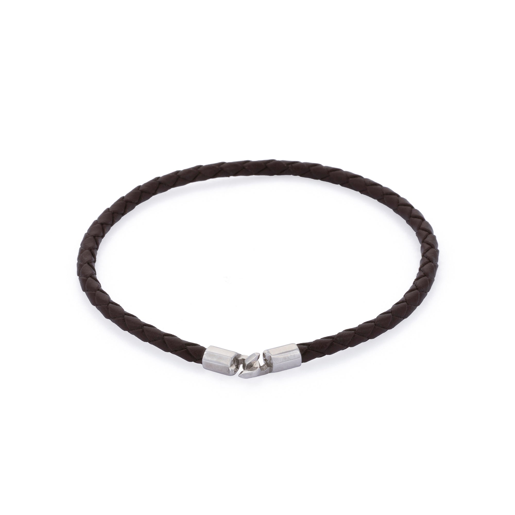 Brown Leather Octagonal Hook Bracelet in Silver