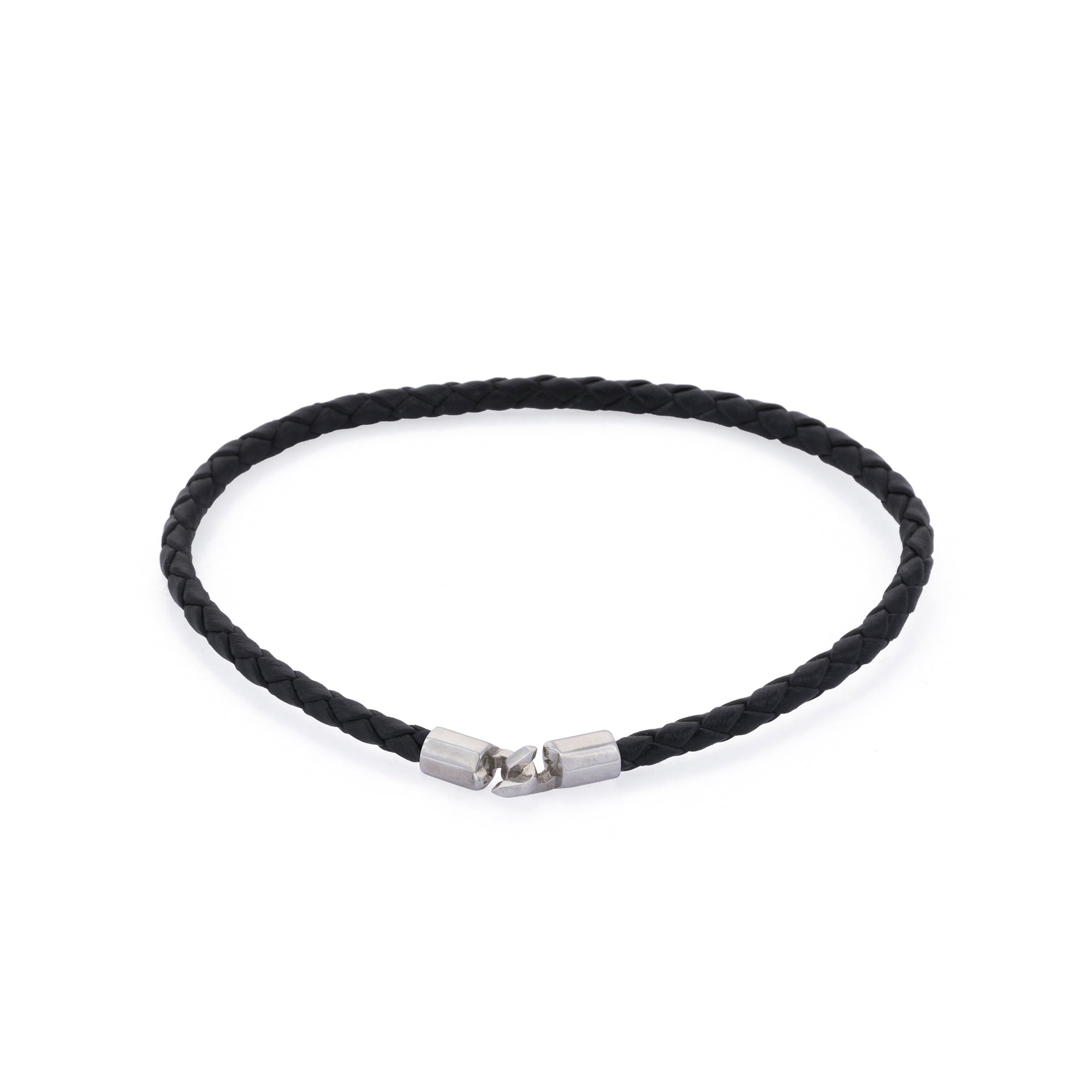 Black Leather Octagonal Hook Bracelet in Silver