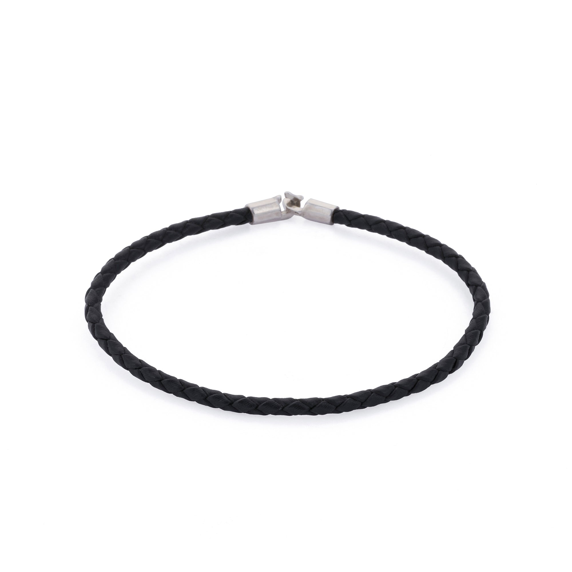 Black Leather Octagonal Hook Bracelet in Silver