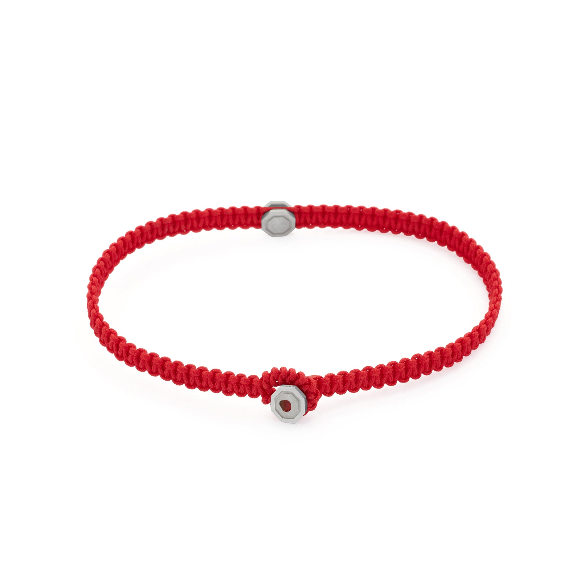 Red Octagon Macrame Bracelet in Silver