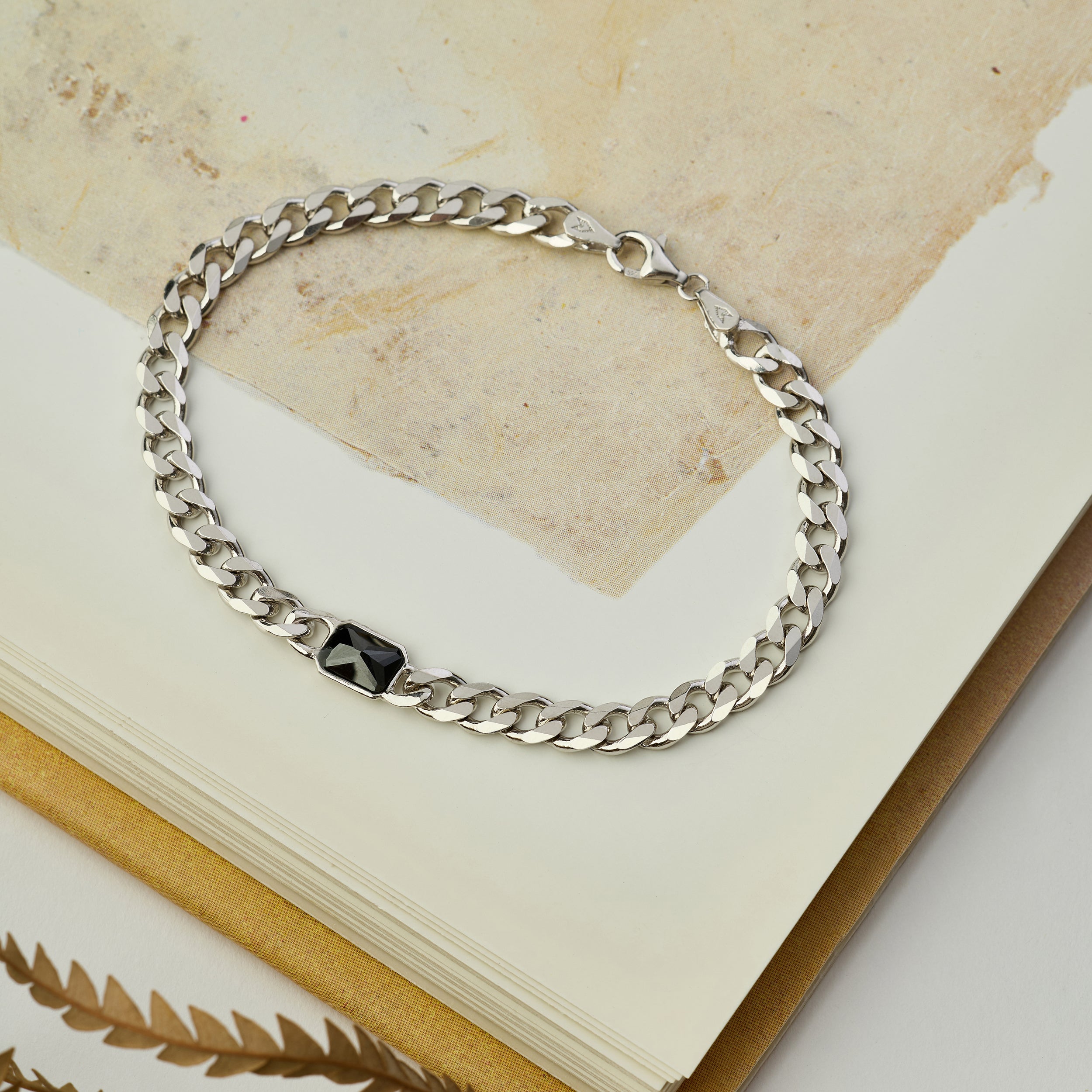 Black Baguette Bracelet in Silver