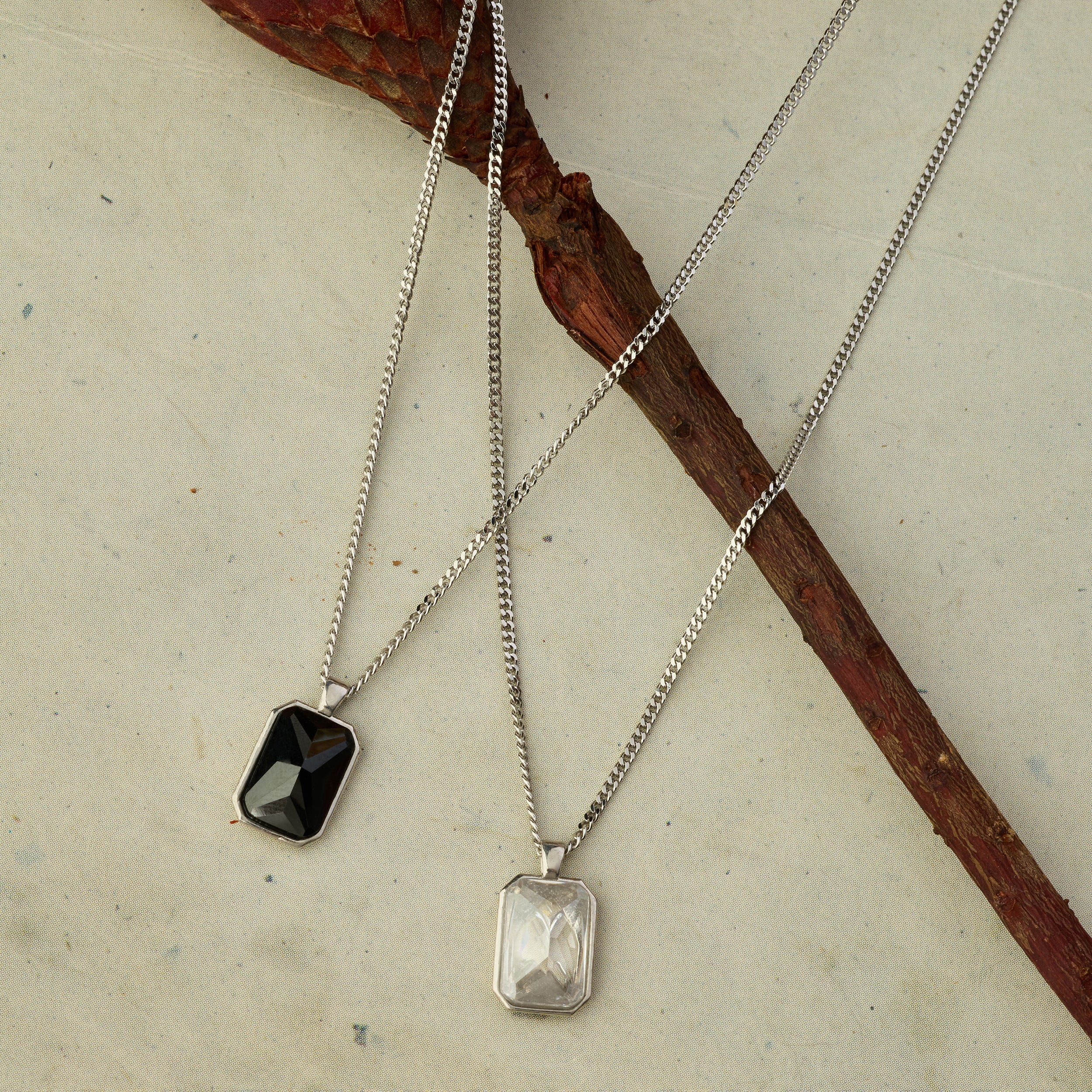 Black Baguette Necklace in Silver