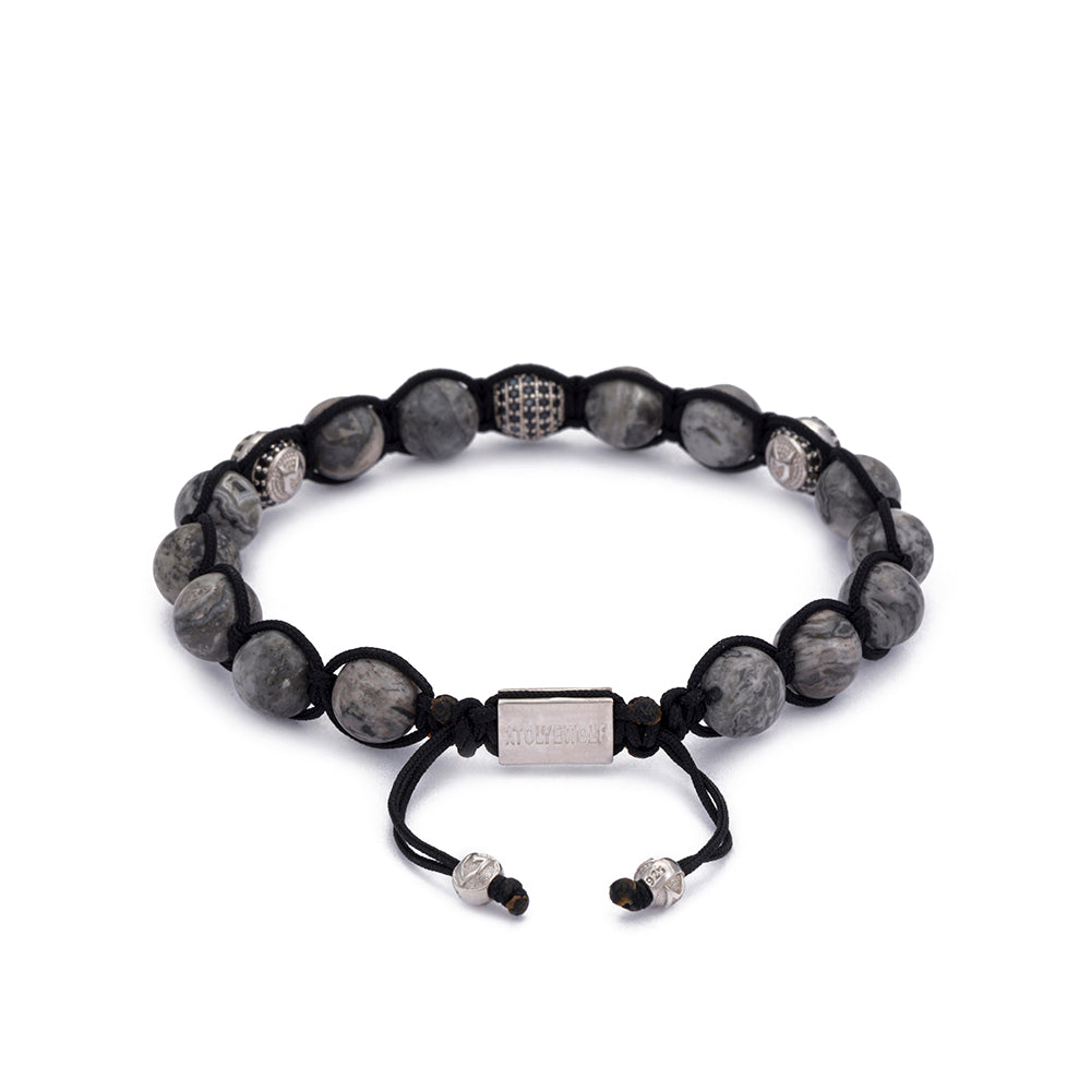 Gri Jasper Shamballa Gümüş Bileklik