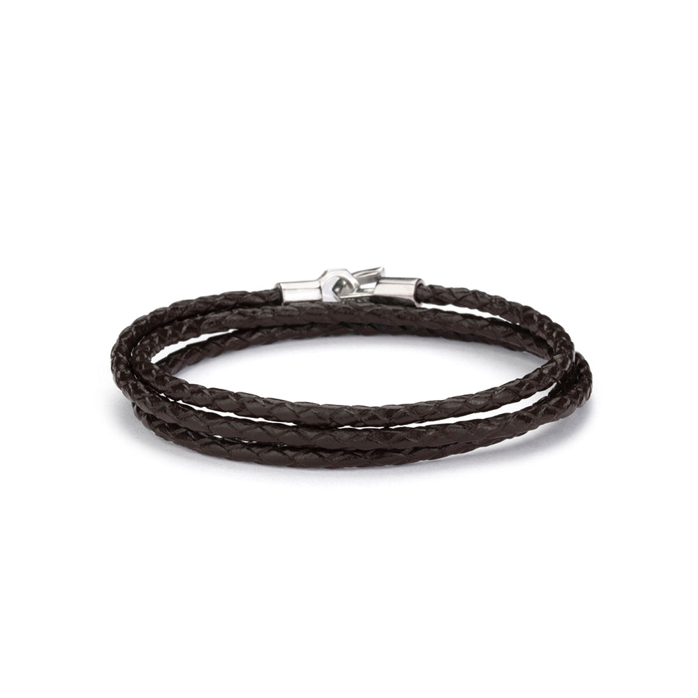Brown Triple Leather Bracelet in Silver