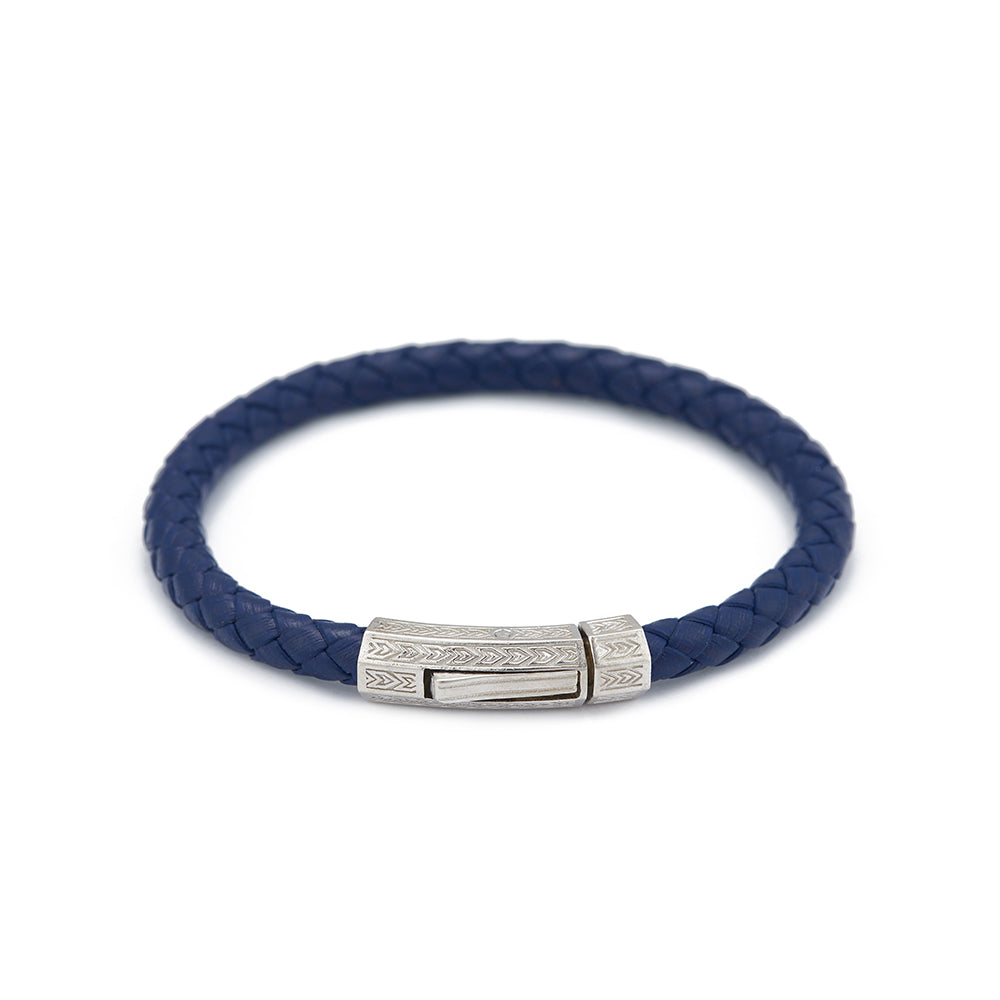 Navy Blue Thick Leather Bracelet in Silver