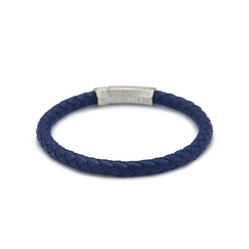 Navy Blue Thick Leather Bracelet in Silver