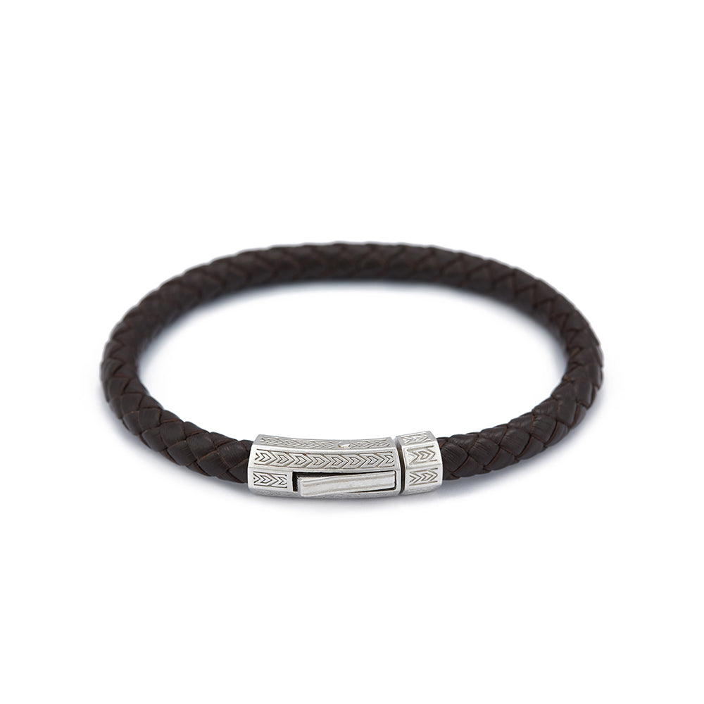 Brown Thick Leather Bracelet in Silver