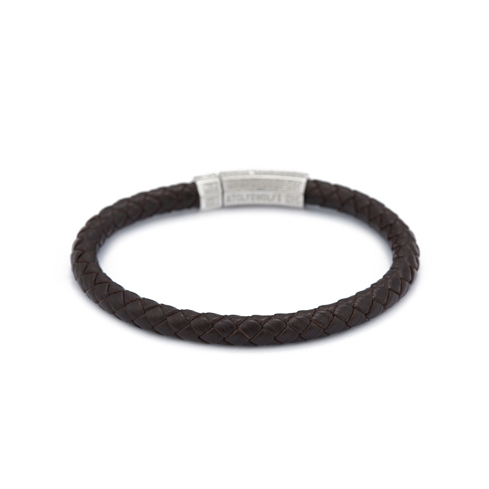 Brown Thick Leather Bracelet in Silver