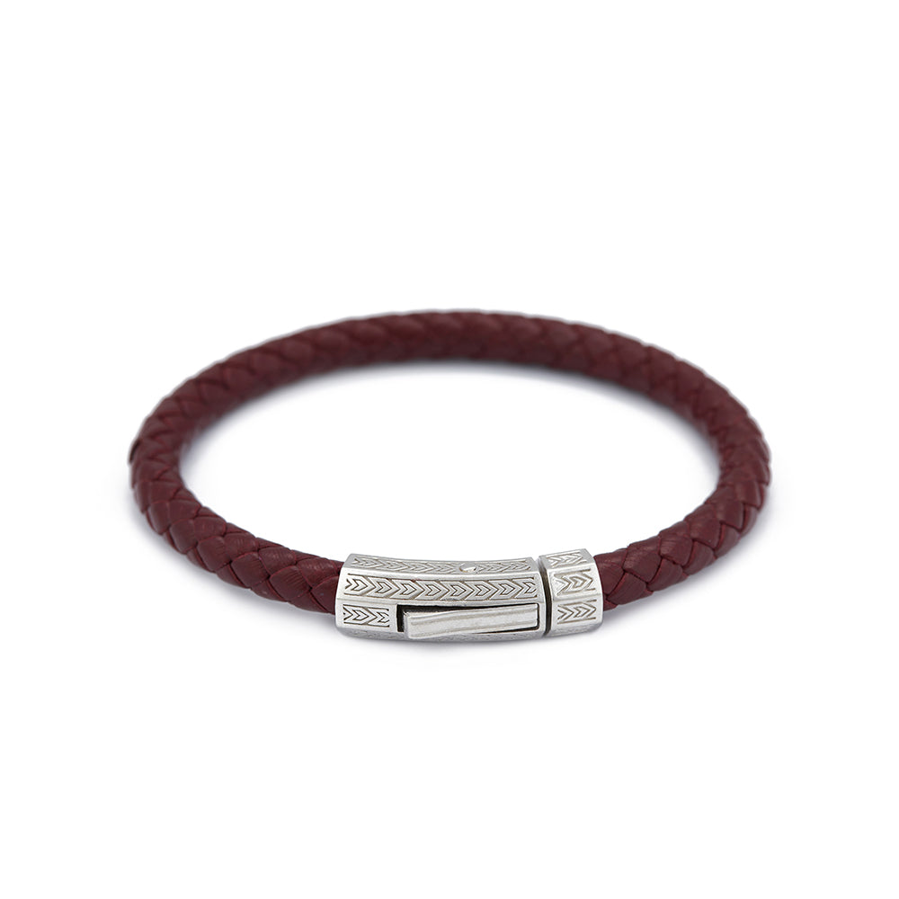 Claret Red Thick Leather Bracelet in Silver