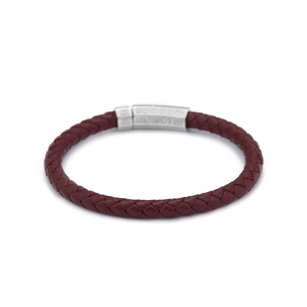 Claret Red Thick Leather Bracelet in Silver