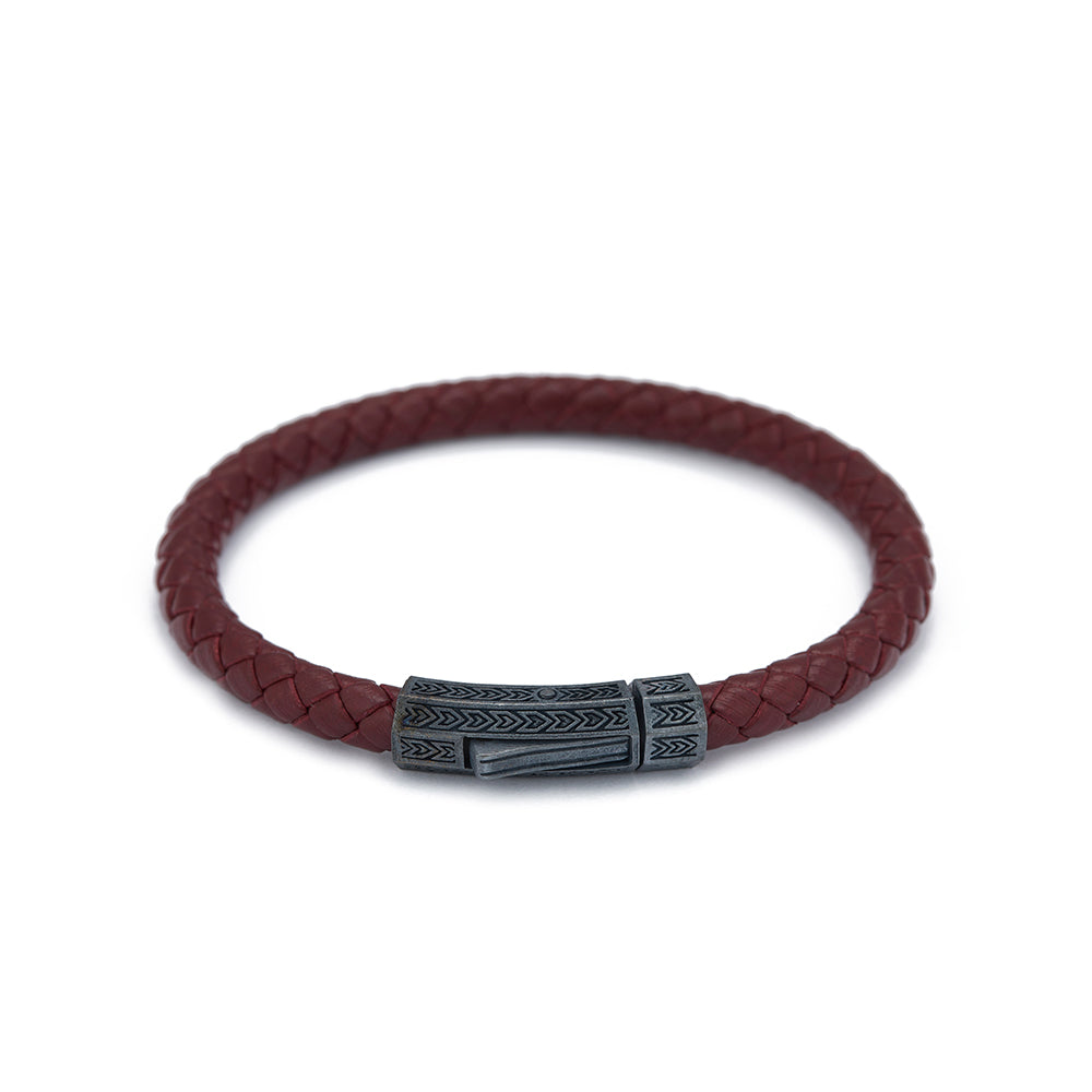 Claret Red Thick Leather Bracelet in Oxide