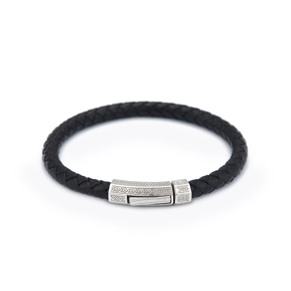 Black Thick Leather Bracelet in Silver